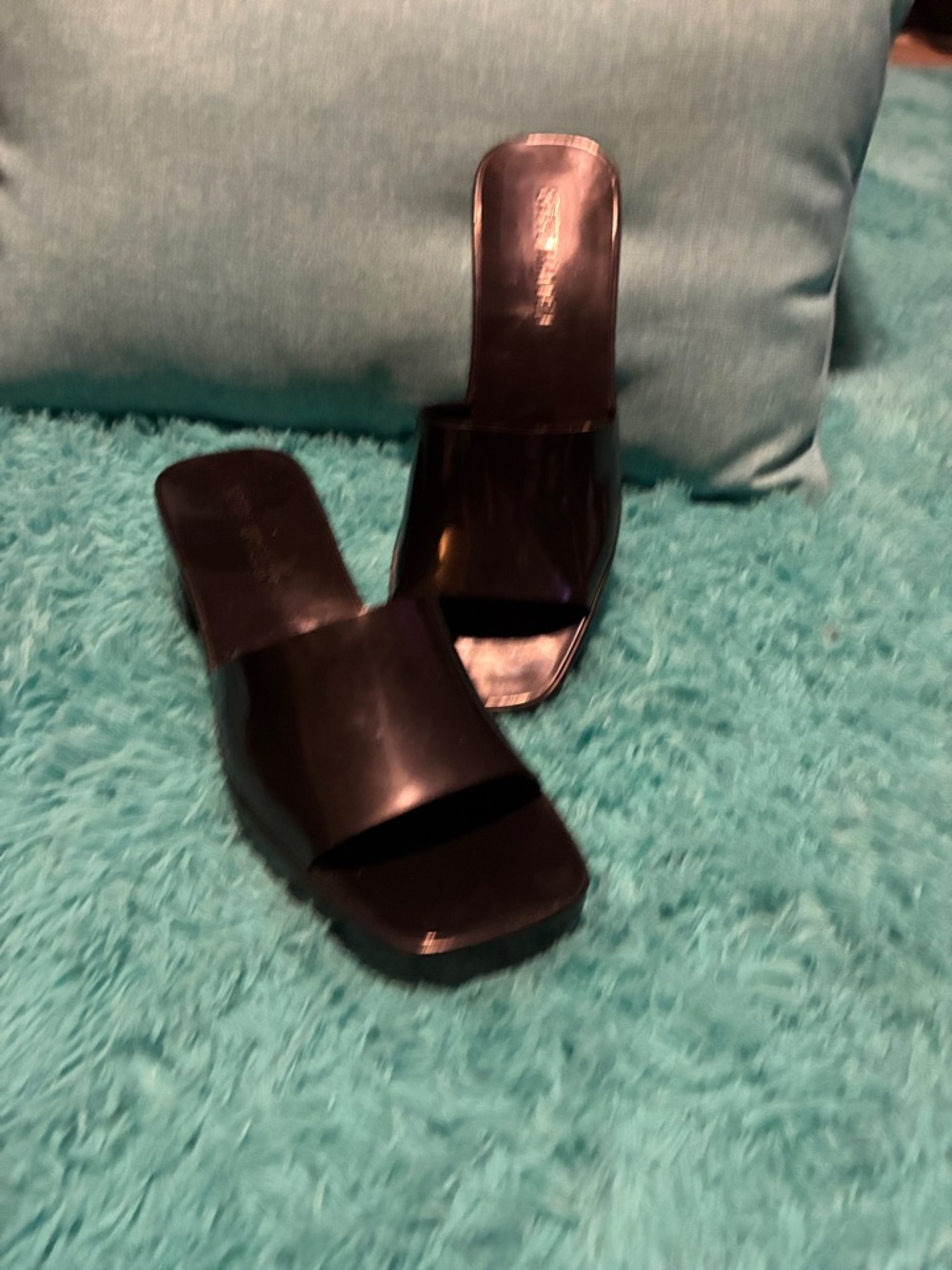 Steve Madden Black Patent Square-Toe Slide Mules